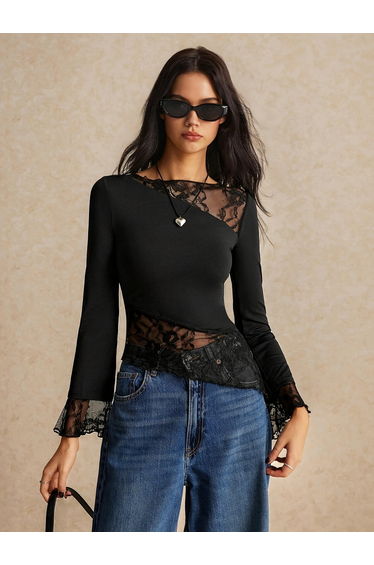 Black Solid Lace Insert Asymmetric Hem Top