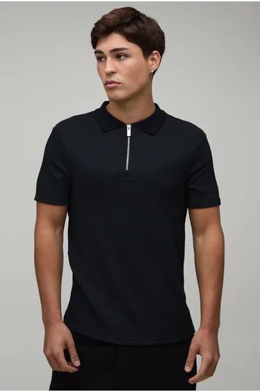 Muscle Fit Crinkle Textured Zip Up Polo - black