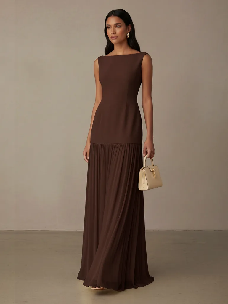 High-end Banquet Etiquette Long Dress with Patchwork Pleated Skirt - 1