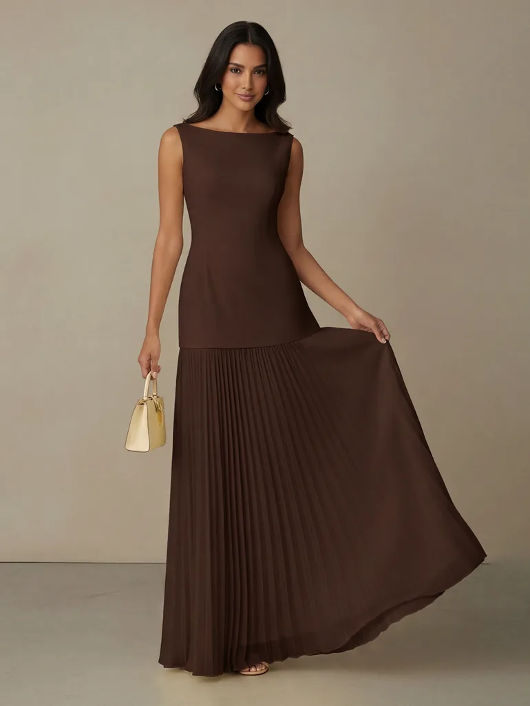 High-end Banquet Etiquette Long Dress with Patchwork Pleated Skirt - 4