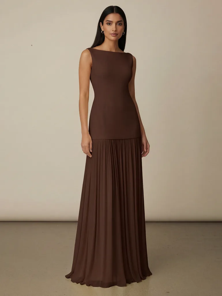 High-end Banquet Etiquette Long Dress with Patchwork Pleated Skirt