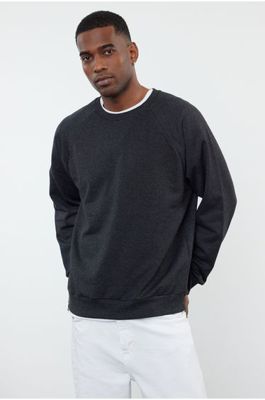 Anthracite Basic Oversize/Wide Cut Fit Crew Neck Raglan Sleeve Sweatshirt