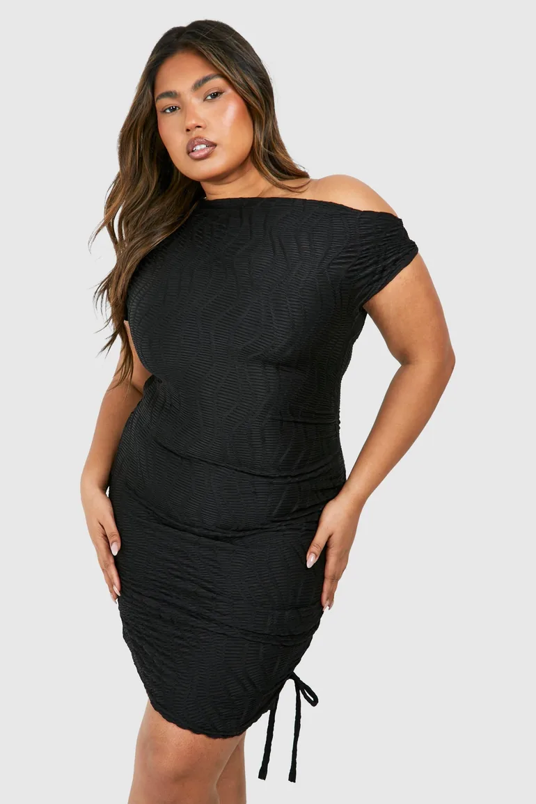 Plus Slash Neck Textured Rib Mini Dress - black - 1