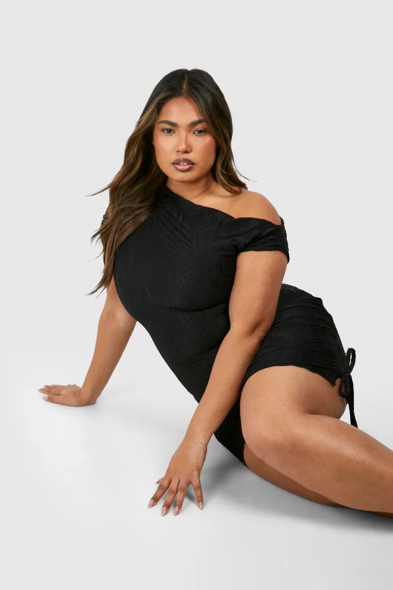 Plus Slash Neck Textured Rib Mini Dress - black - 3