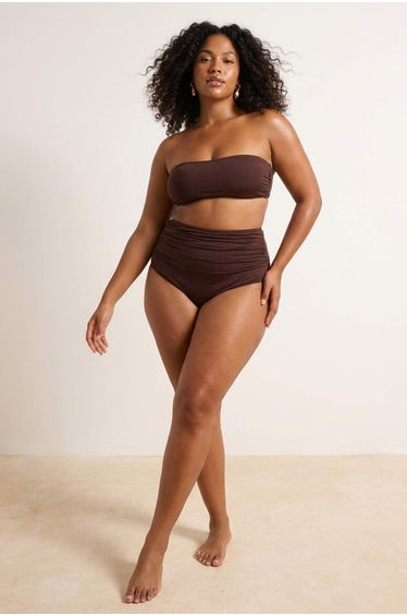 Brown High Waist Corset Ruched Detail Shaping / Sculpting Plus Size Bikini Bottom