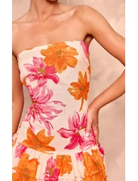 Pink Floral Linen Look Bandeau Tiered Shift Dress - 3