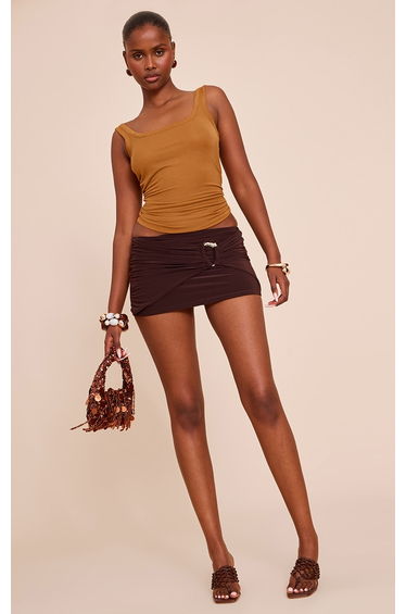 Chocolate Slinky Ring Detail Low Rise Micro Mini Skirt