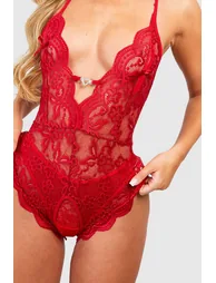 Valentine's Heart Trim Crotchless Bodysuit - red - 2