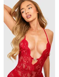 Valentine's Heart Trim Crotchless Bodysuit - red - 1