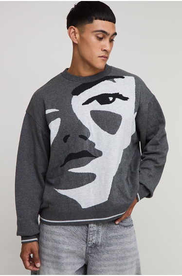 Oversized Boxy Face Jacquard Knitted Jumper - charcoal