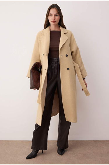 Mink Accessory Detailed Double-Breasted Oversize Long Cashmere Coat