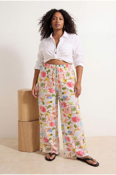 Beach Wear Multi-Colored Tropical Pattern Woven Pants