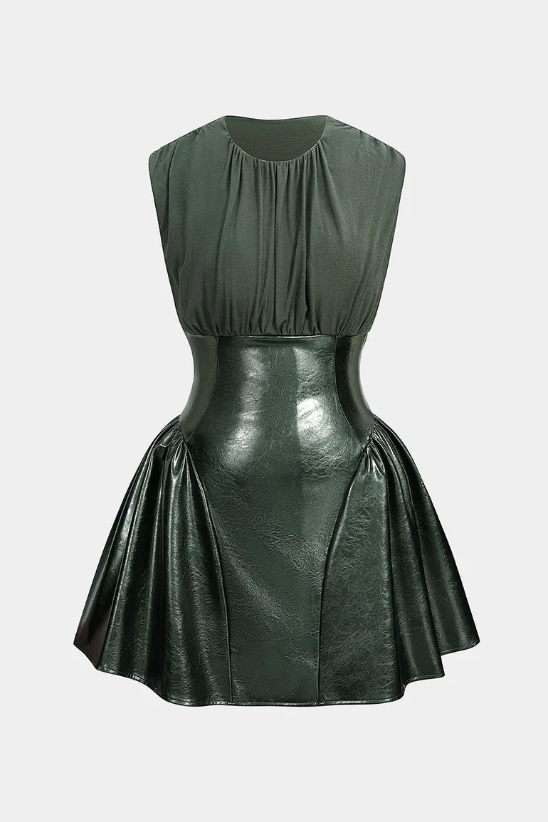 Faux Leather Patchwork Ruched Sleeveless Mini Dress - 4