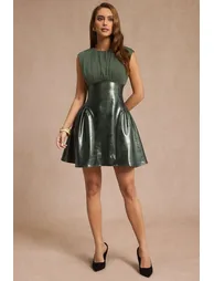Faux Leather Patchwork Ruched Sleeveless Mini Dress