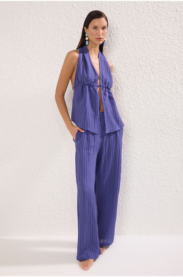 Purple Textured Beach Blouse Trousers Set