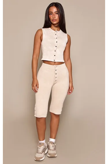 Petite Cream Contour Rib Popper Detail Capri Pants