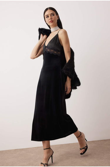 Black velvet satin and lace detailed dress