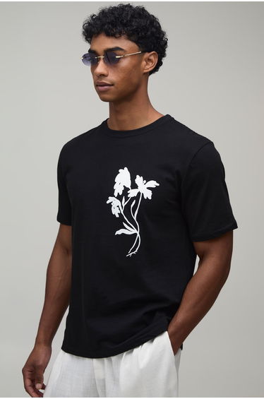 Regular Floral Line Drawn Print T-Shirt - black