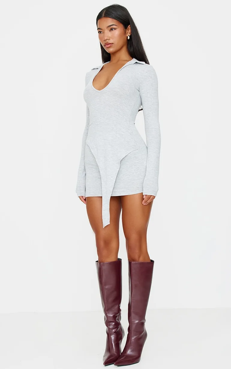 Grey Marl Cotton Jersey Collared Bodycon Dress - 2