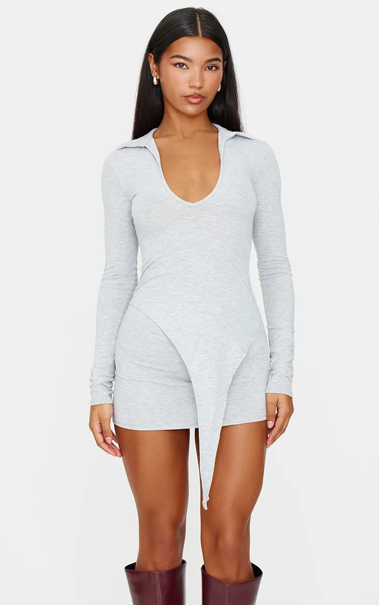 Grey Marl Cotton Jersey Collared Bodycon Dress