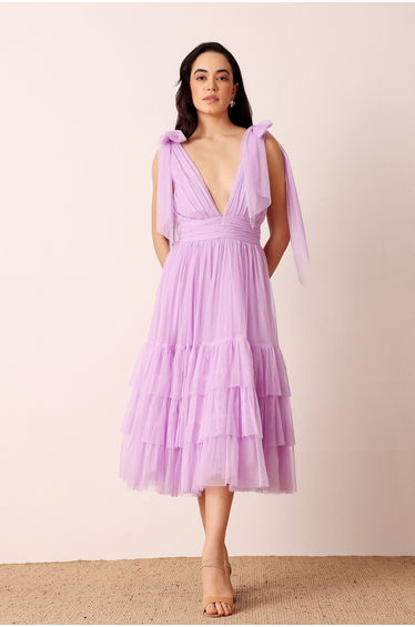 Bow Shoulder Madison Midi Dress in Lilac