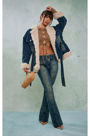 Indigo Vintage Wash Belted Seam Front Flare Jeans