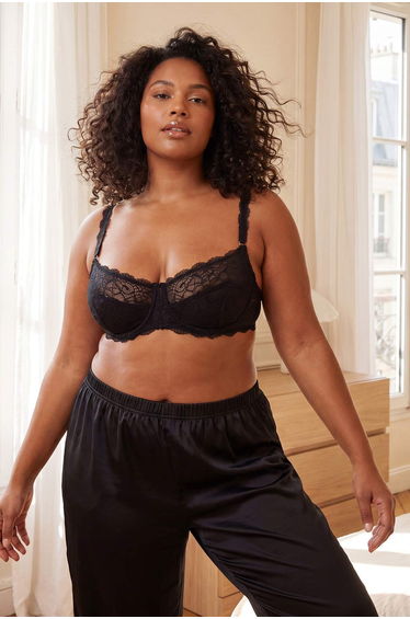 Black Lace Openwork/Hole Detailed Covered Strap Balconette Knitted Bra