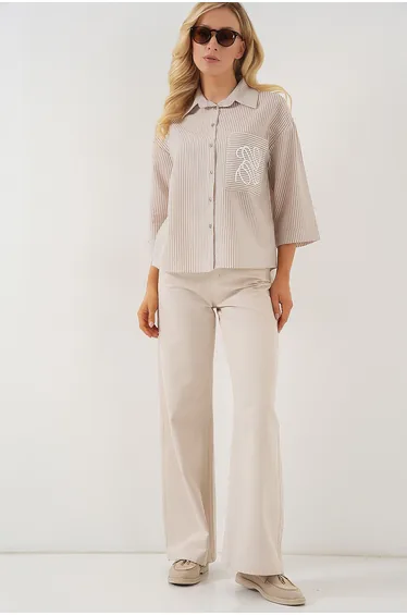 Women's Single Pocket Embroidered Shirt 20328 - Beige