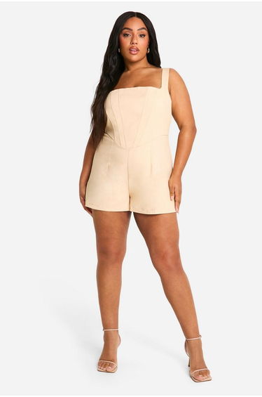 Plus Woven Corset Playsuit - camel