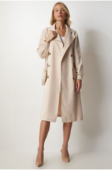 Women's Cream Double-breasted Collar Seasonal Trench Coat