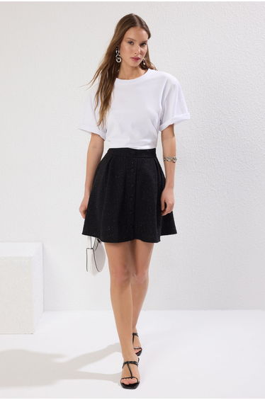 Black Pocket Detailed Front Buttoned Flared Tweed Fabric Mini Length Woven Skirt