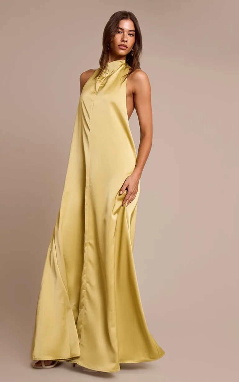 high neck yellow maxi dress Chantelle | Lemon High-Neck Maxi Dress With Drop-Waist And Cape-Sleeves