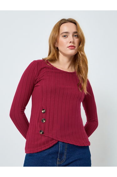 Women Burgundy Ribbed Top with Button Detail