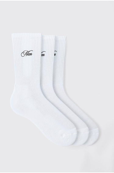 3 Pack MAN Script Embroidered Socks - white