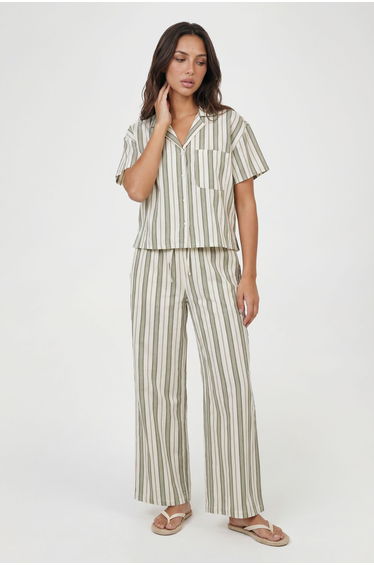 Petite Premium Linen Stripe Short Sleeve Shirt - sage