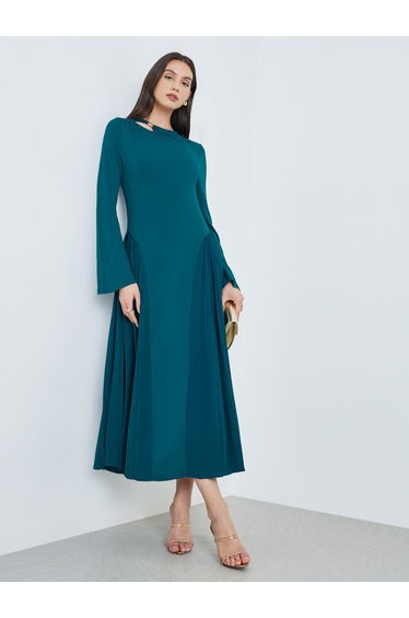 Teal Cut-Out Detail Pleated Maxi Dress