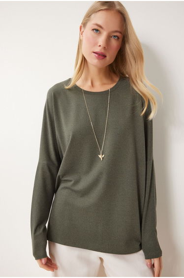 Women's Khaki Crew Neck Bat Sleeve Knitted Blouse