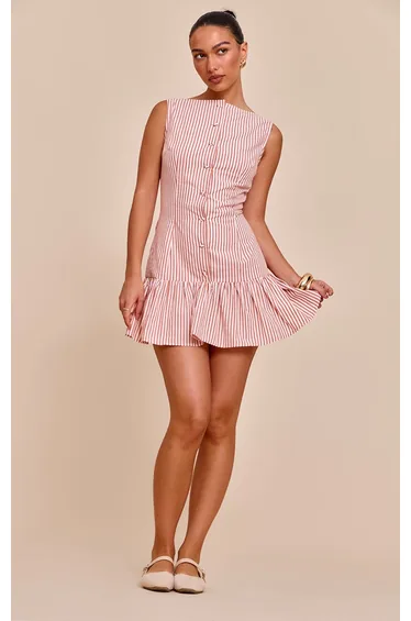 Rust Striped Satin Button Detail Flippy Hem Bodycon Dress