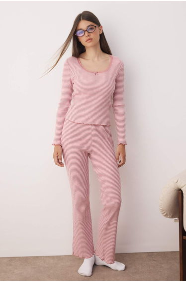 Pink Striped Lace Detailed Camisole Knitted Pajama Set
