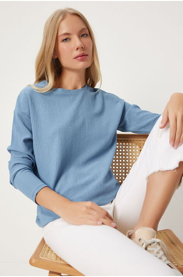 Women's Sky Blue Patterned Long Sleeve Knitted Top