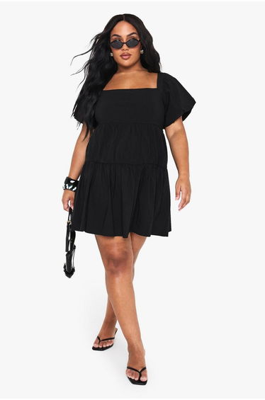 Plus Extreme Puff Sleeve Tiered Smock Dress - black