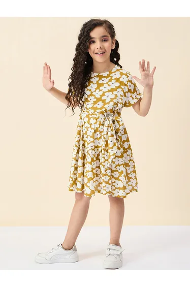 Floral Print Self Tie Belt Dress