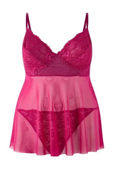 Fuchsia high-waisted lace-up underwire adjustable babydoll & thong set