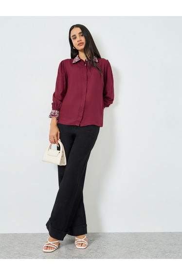 Burgundy Embroidered Collar Shirt