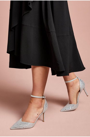Wide Fit Tanisha Diamante Ankle Strap High Stiletto Court Shoes