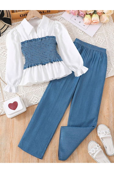 Girls Smocking Detail Ruffle Hem Top with Pants Set