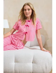Pink-Multicolored Printed Single Jersey Knitted Pajamas Set - 1