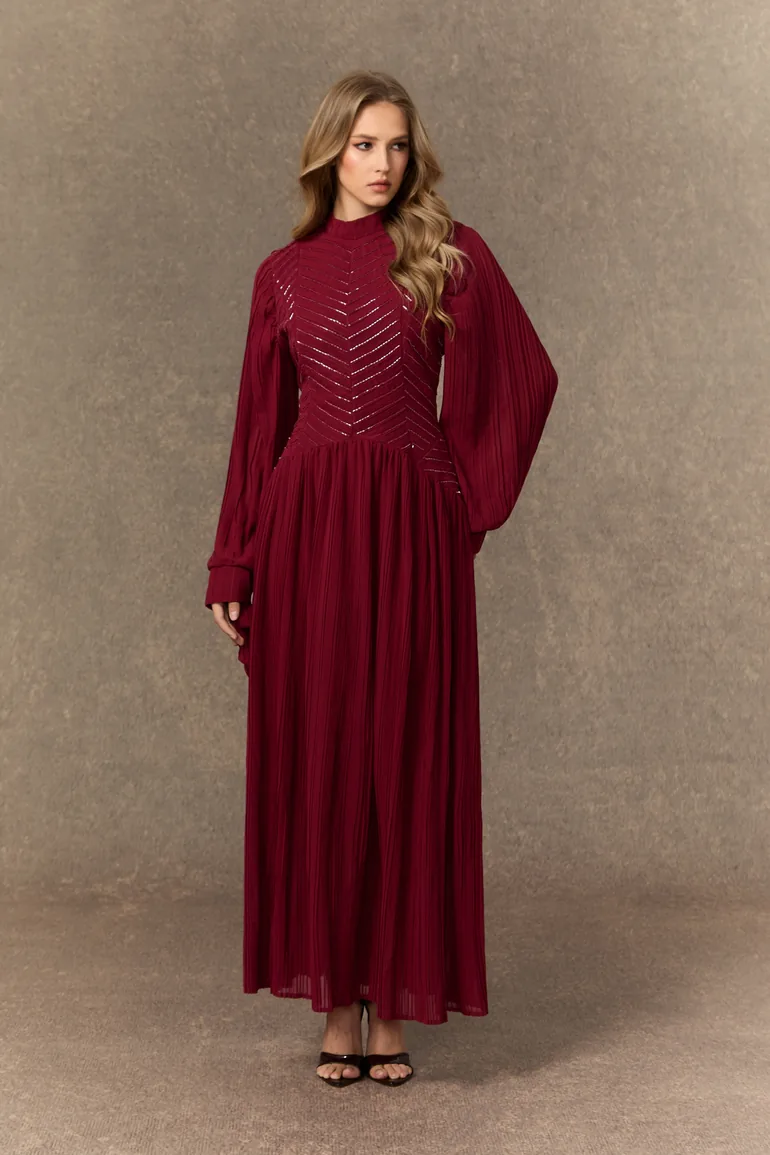 burgundy chevron dress Nightfall Chic Burgundy Beaded Chevron Pleated Maxi Dress Sunfere Red :  Premium Dresses : VogaCloset Saudi Arabia