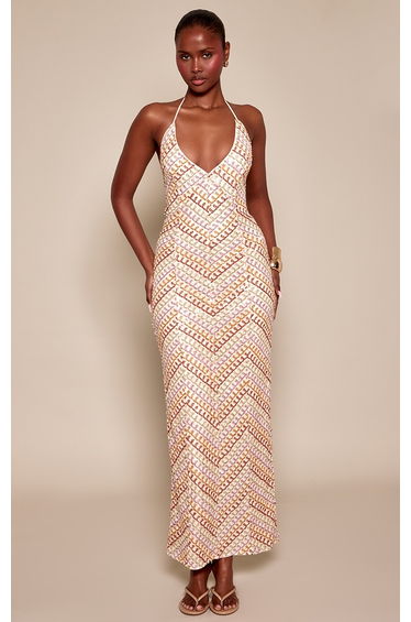Multi Abstract Sequin V Neck Maxi Dress