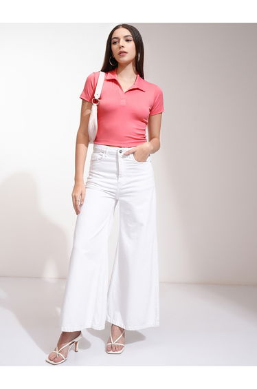 Solid Cotton Polo Neck Top